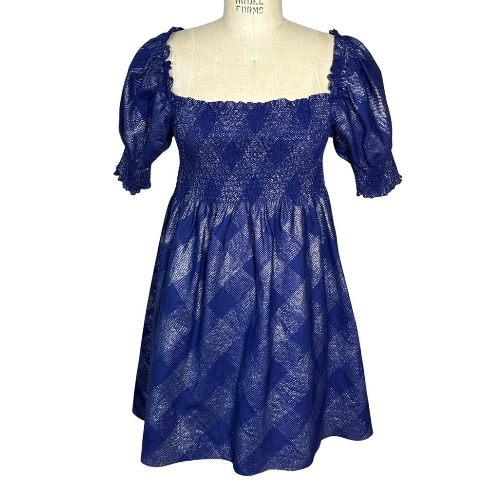 Hill House The Athena Nap Dress Navy Plaid Metallic Size Medium Short Sparkle
